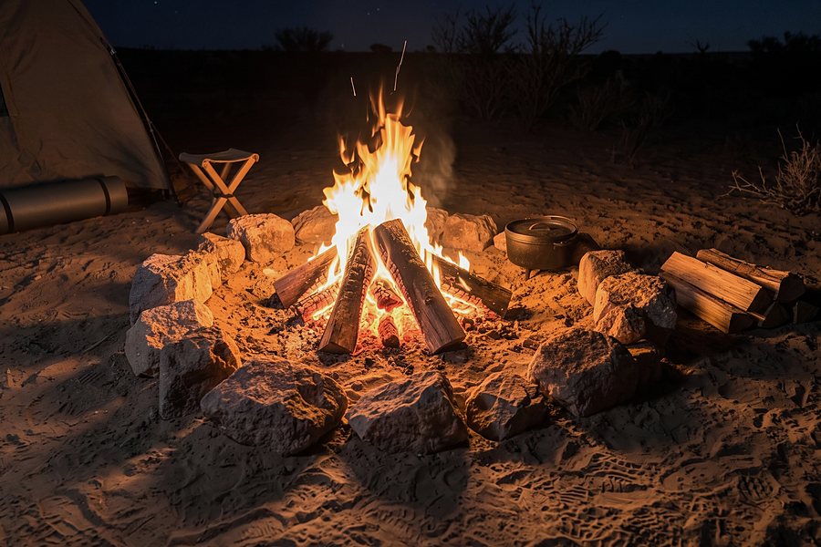 Campfire burning firewood at a wilderness campsite